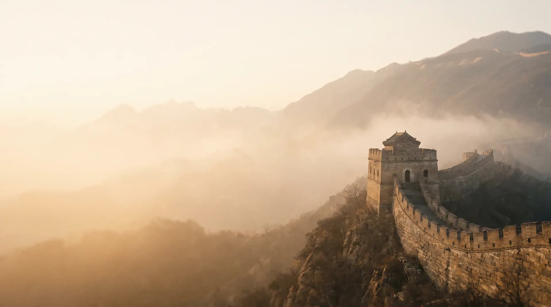 The Great Wall winding along a misty mountain ridge at golden hour