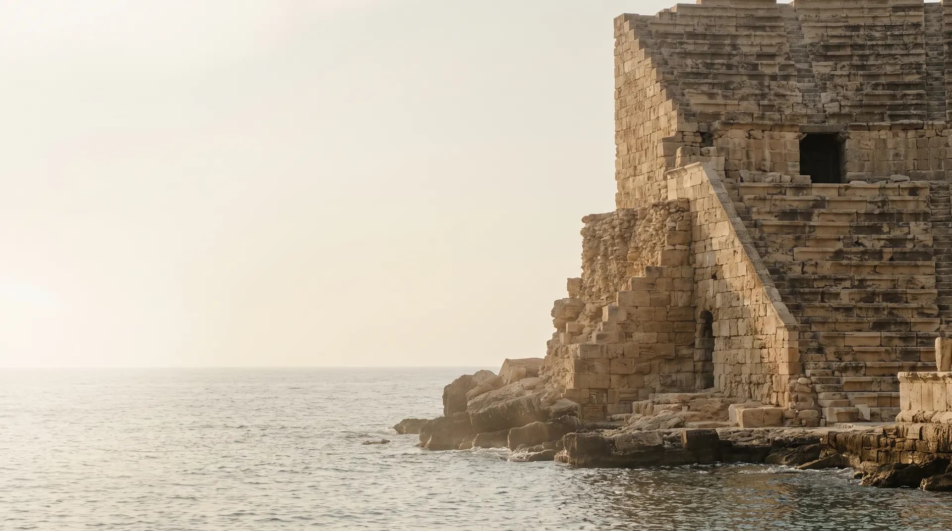 An ancient stone amphitheatre above the Mediterranean coast at golden hour