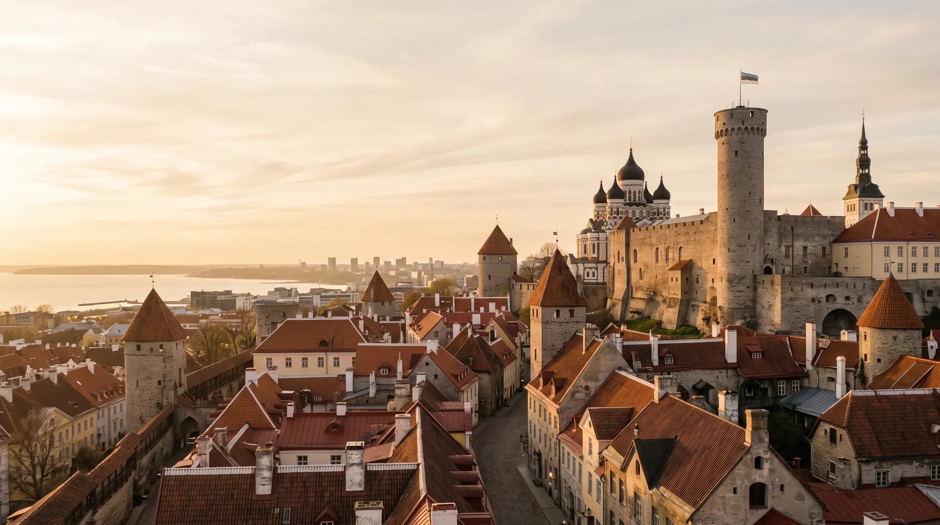Tall Hermann Tower above Tallinn's medieval old town at golden hour