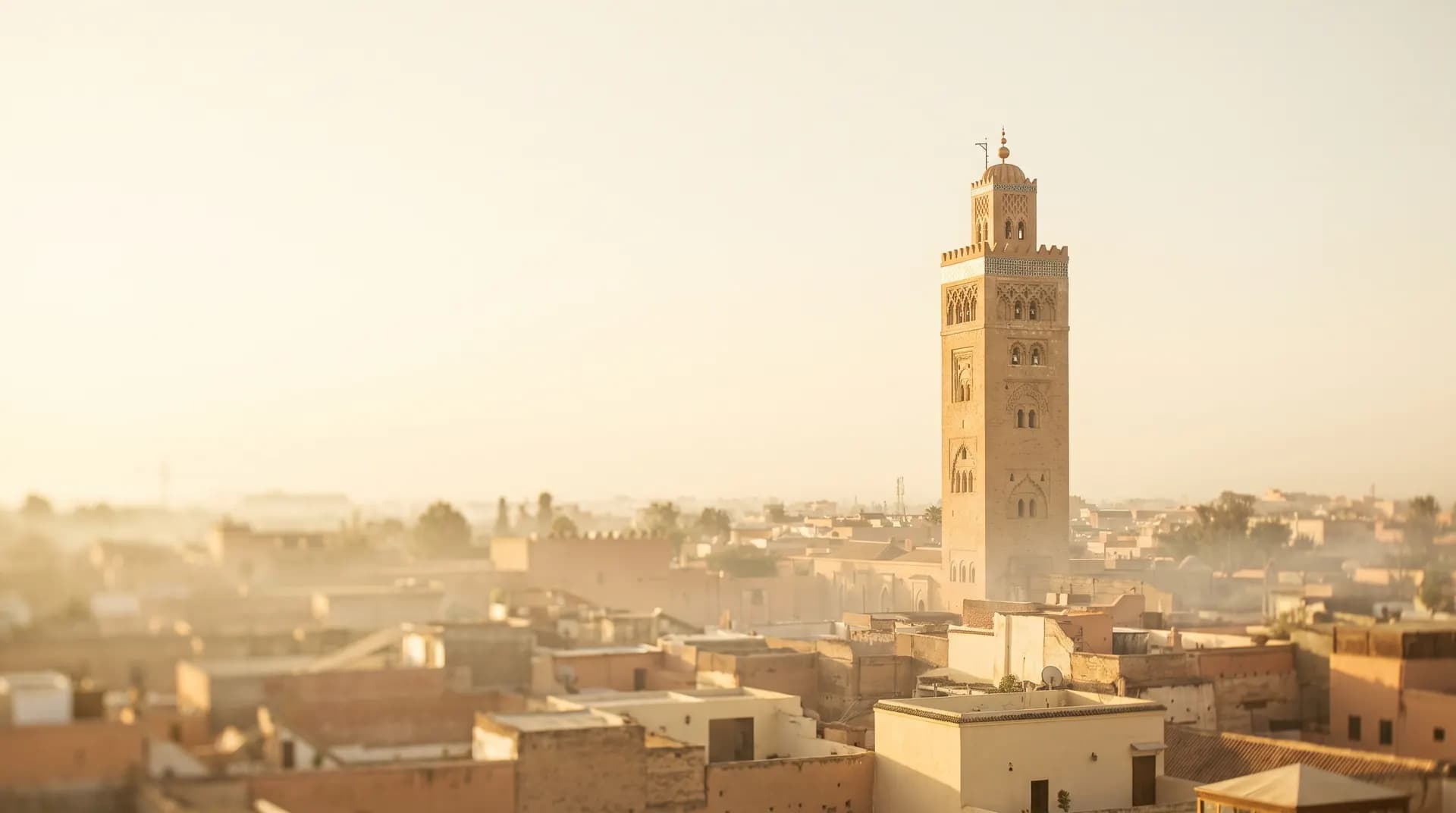 The Koutoubia minaret above the Marrakech rooftops at golden hour