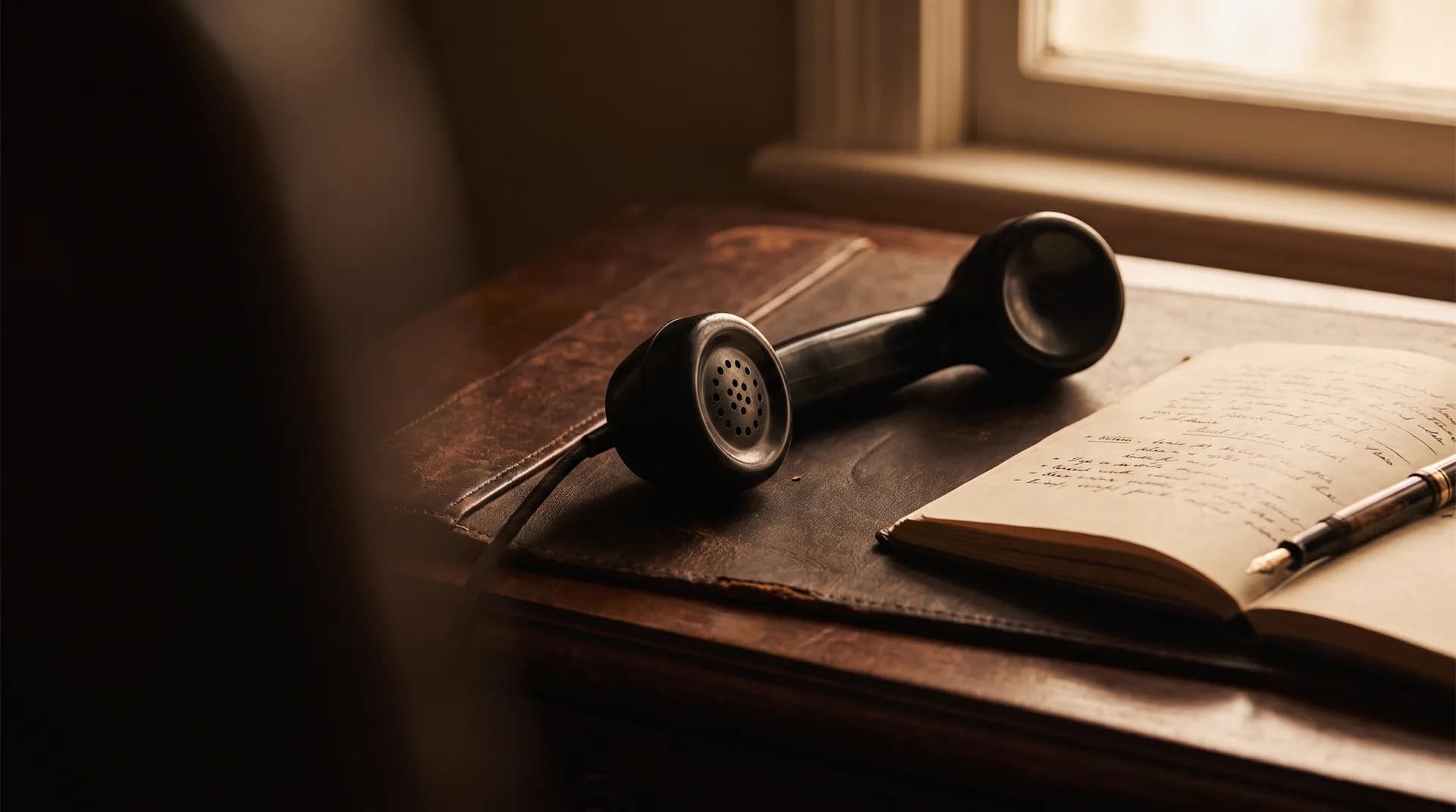 A vintage telephone handset resting on a leather-topped desk beside an open notebook and pen at golden hour