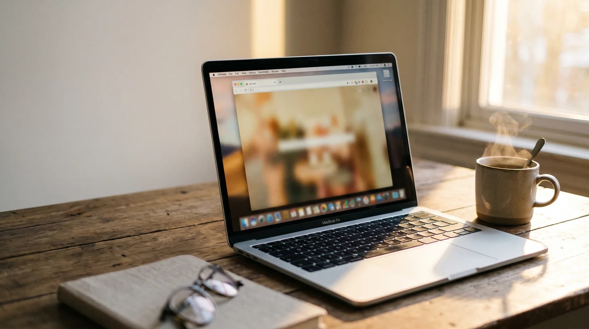 A laptop open on a desk showing a softly blurred browser window beside a cup of tea at golden hour