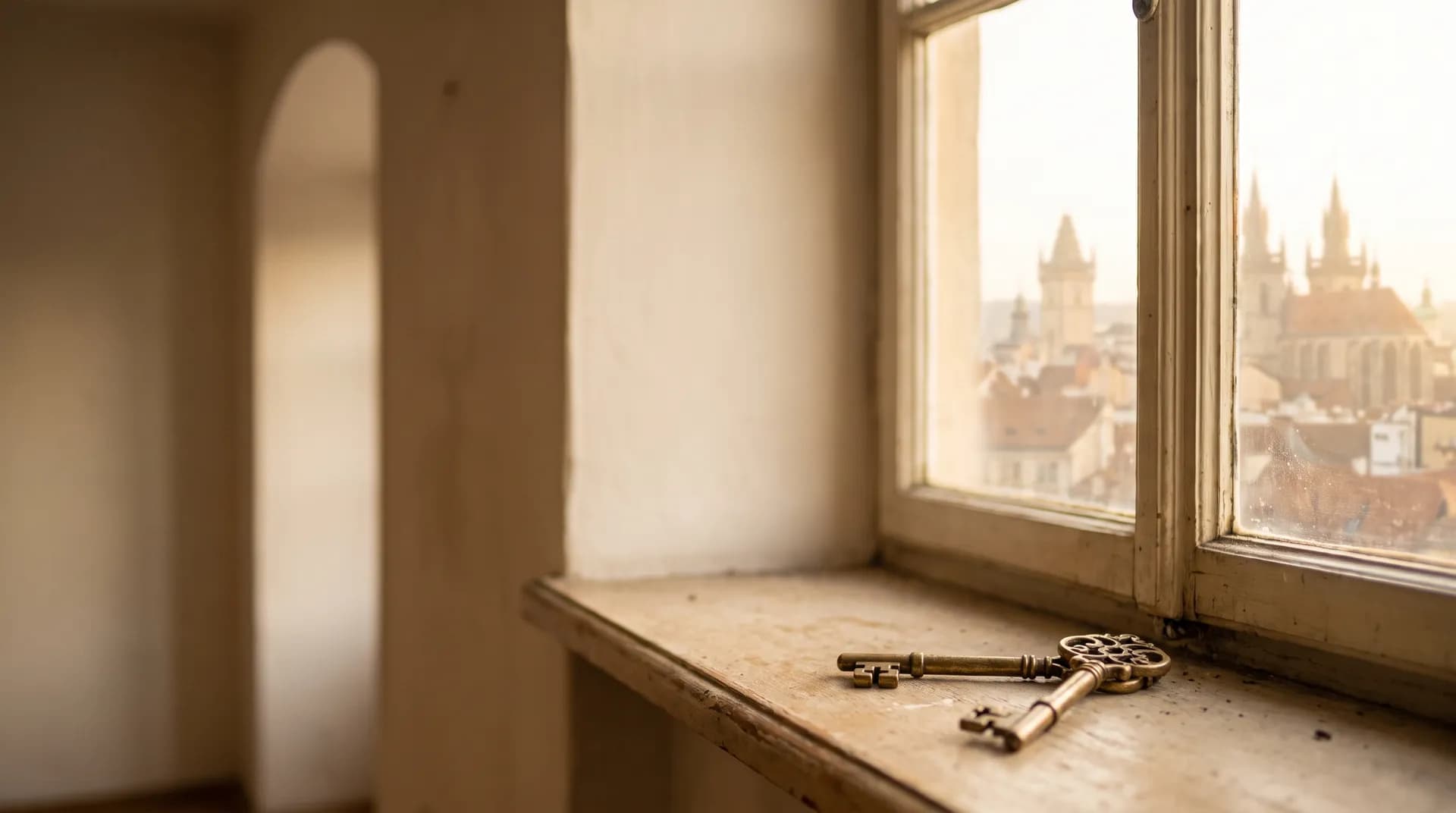 Antique keys resting on a windowsill overlooking a hazy old-town skyline at golden hour