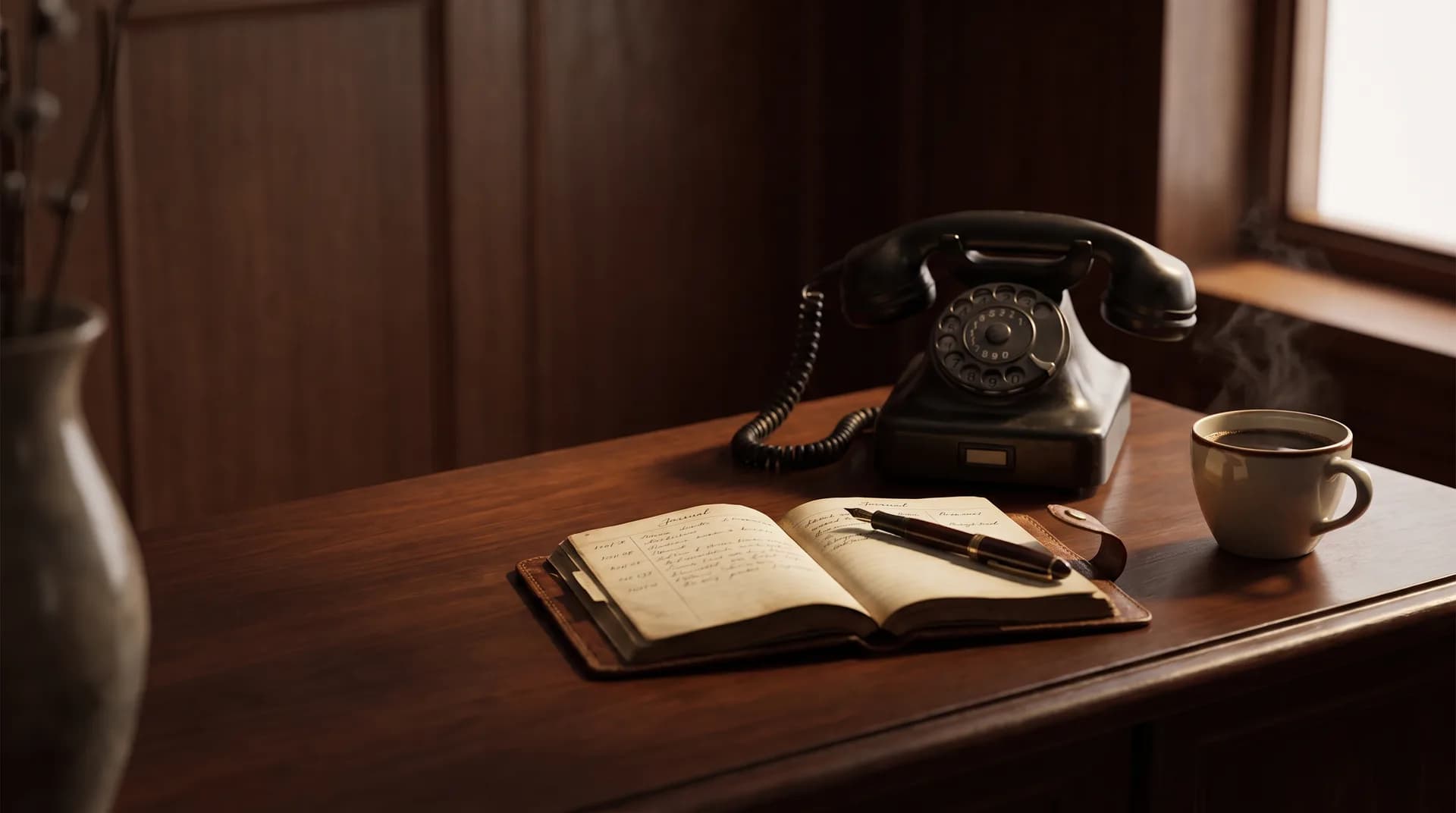 A telephone, an open leather-bound diary and a fountain pen on a reception desk at golden hour