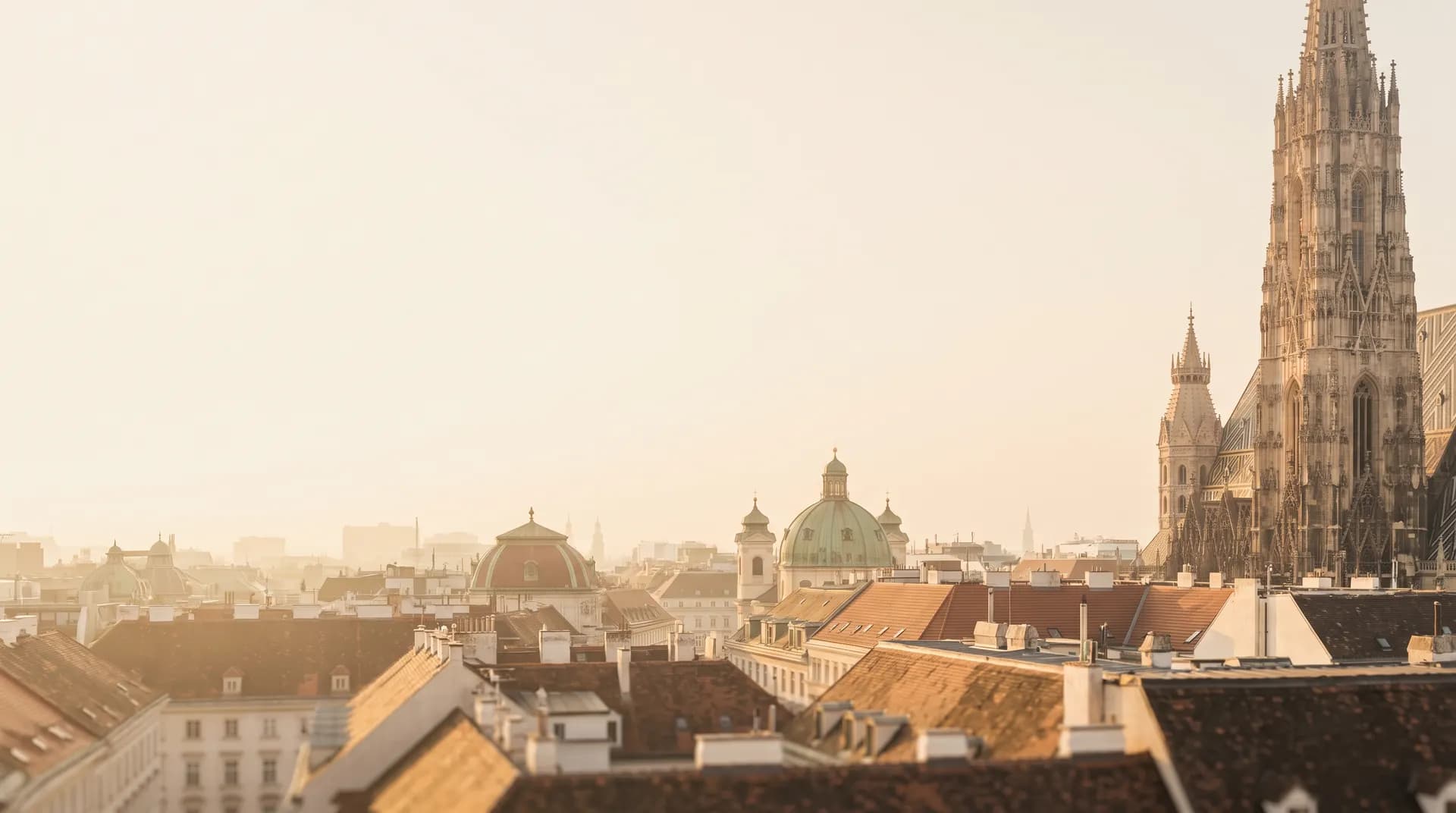 Vienna rooftops at golden hour with the spire of St. Stephen's Cathedral rising through the haze