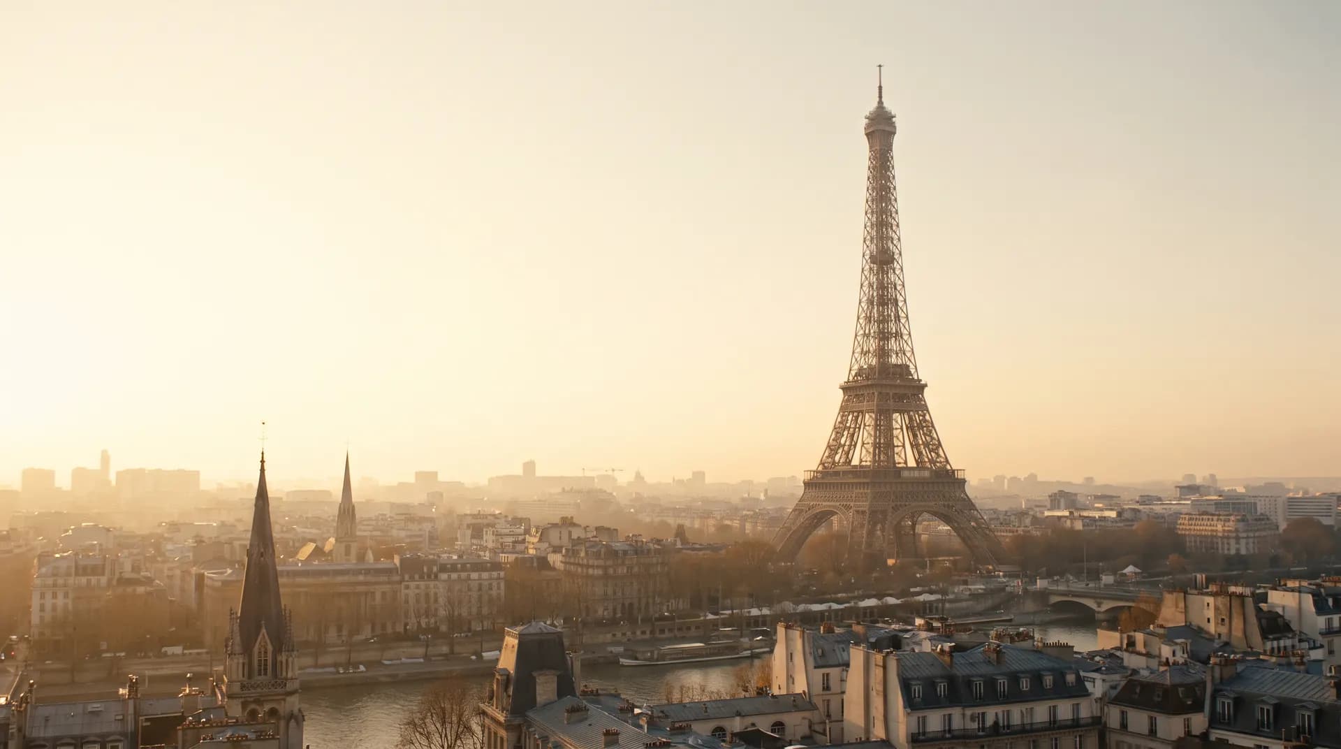 The Eiffel Tower rising above the Paris rooftops at golden hour