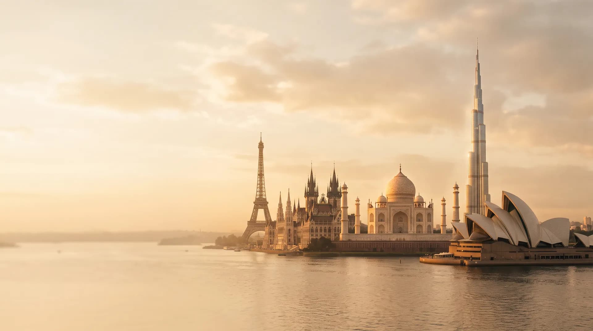 A composite golden-hour skyline blending landmarks from several of our destinations — the Eiffel Tower, a Central European old town, the Taj Mahal, the Burj Khalifa and the Sydney Opera House