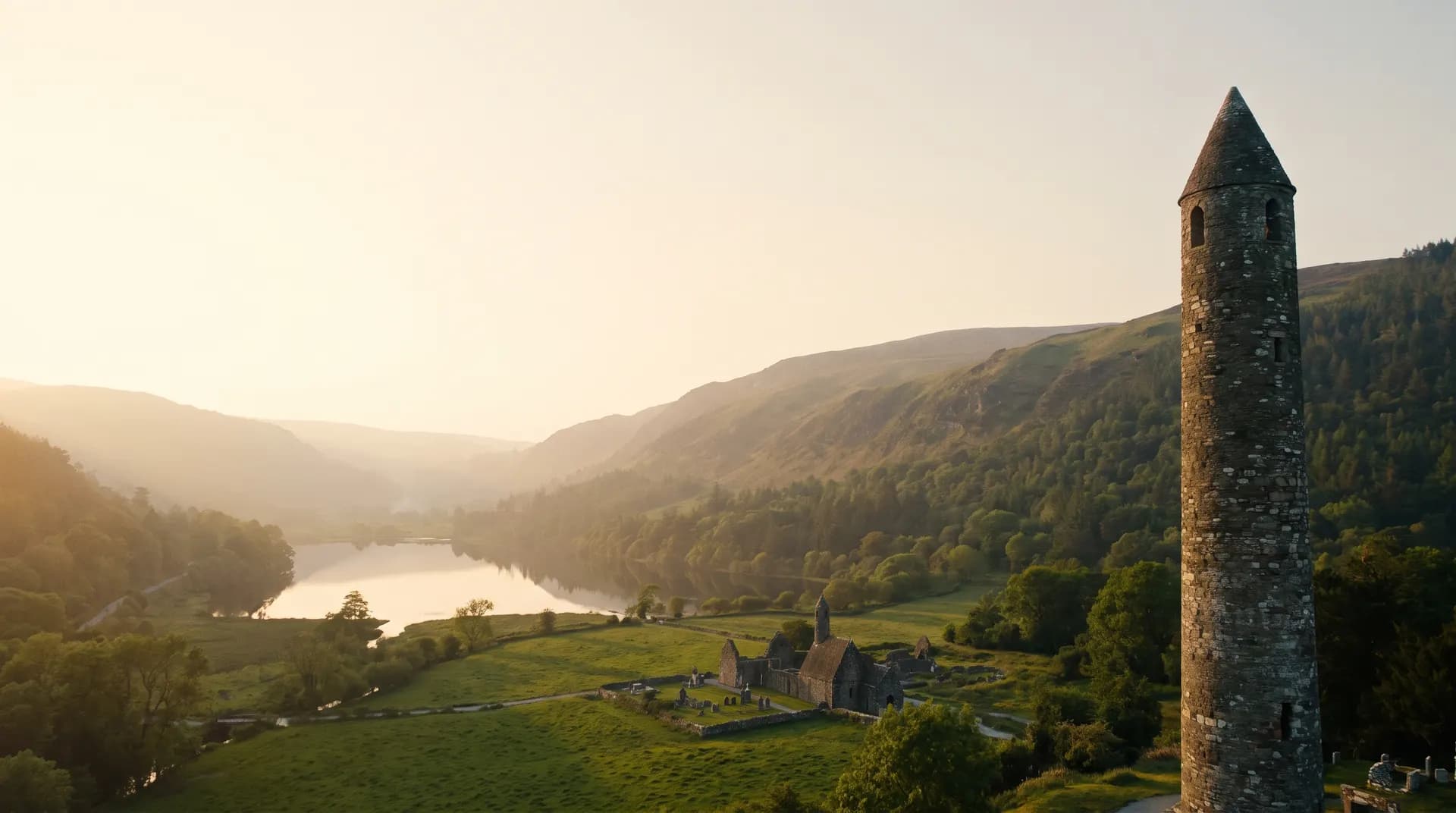An ancient stone round tower above the Glendalough valley at golden hour