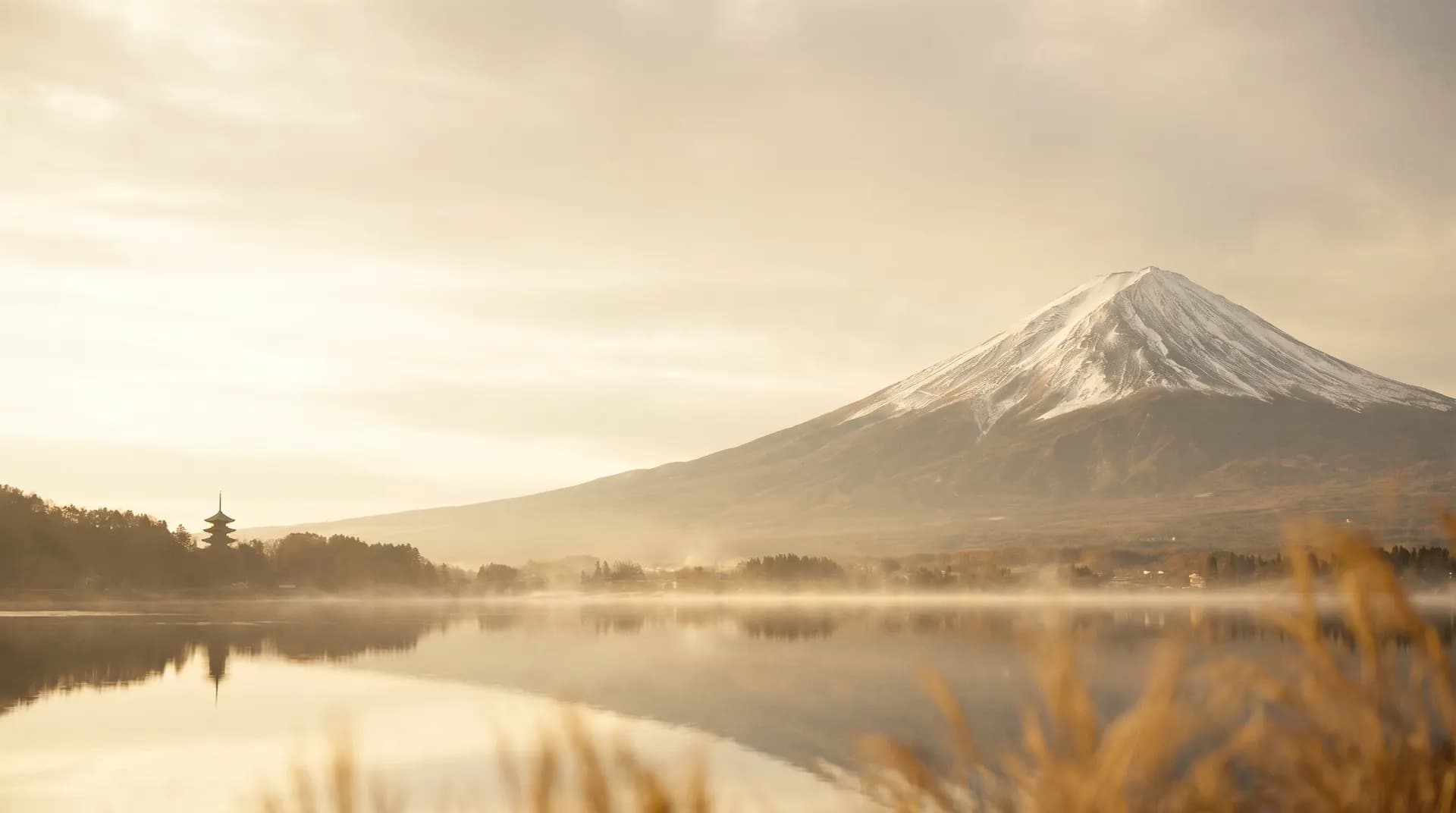 Mount Fuji above a still lake at golden hour