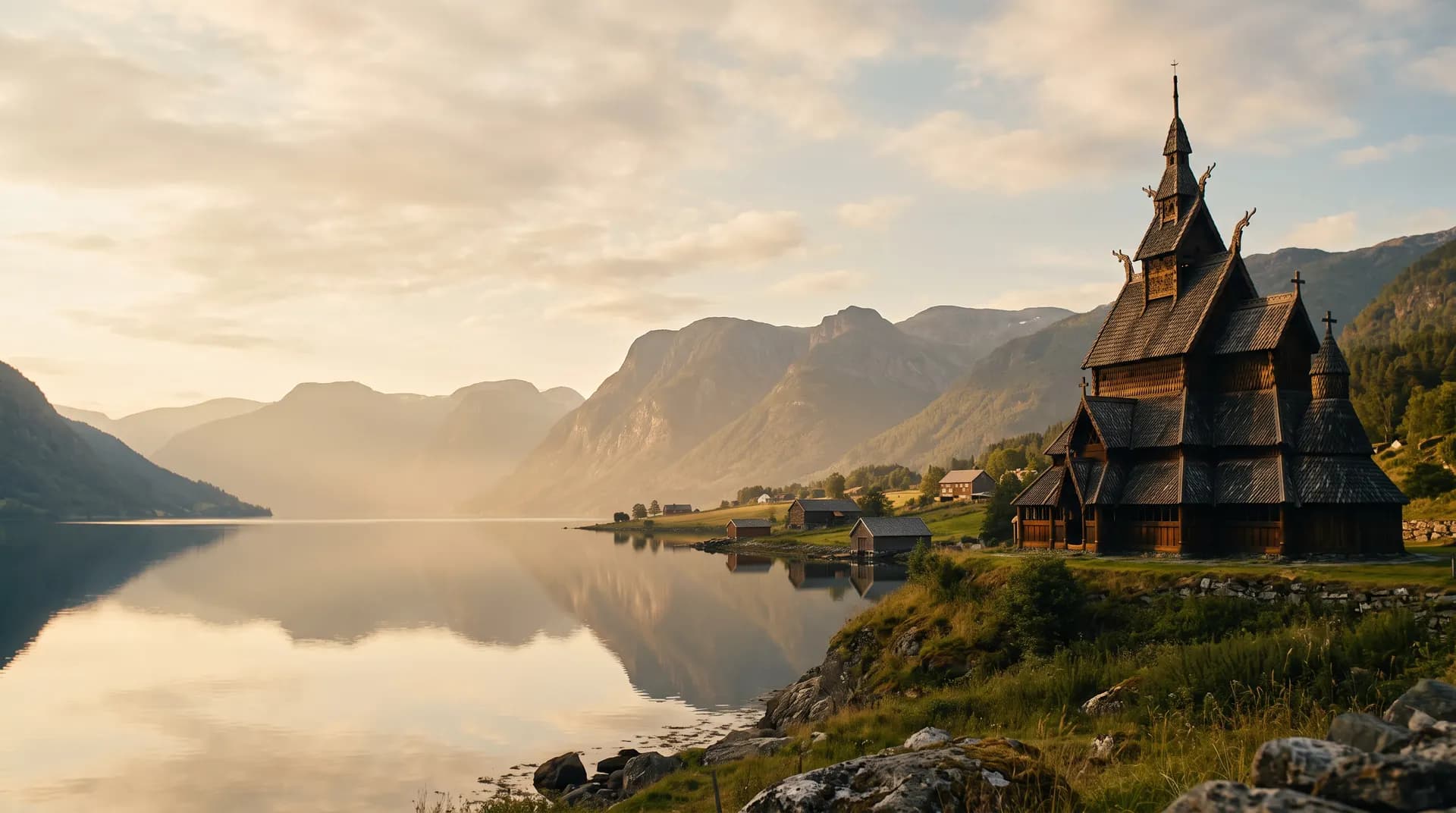 A wooden stave church above a still Norwegian fjord at golden hour
