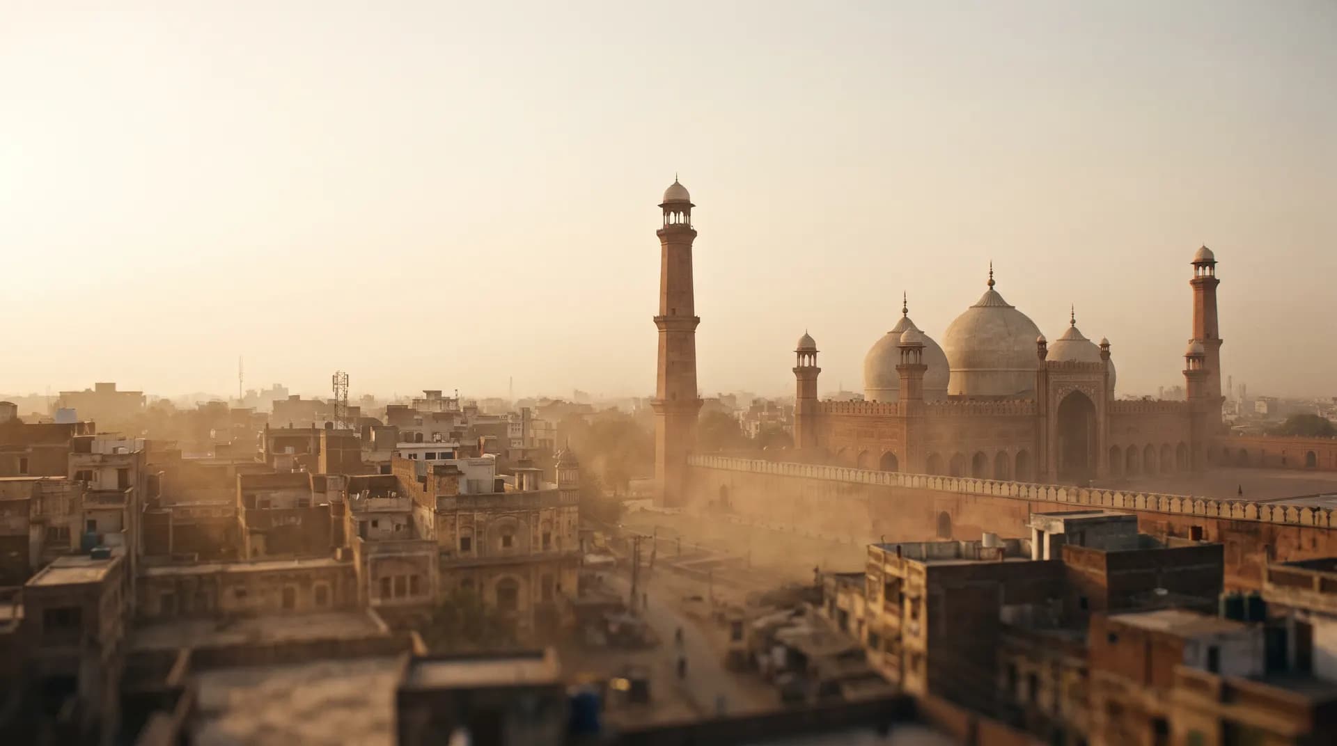 Badshahi Mosque's domes and minarets rising over Lahore's old city at golden hour, veiled in dust and haze