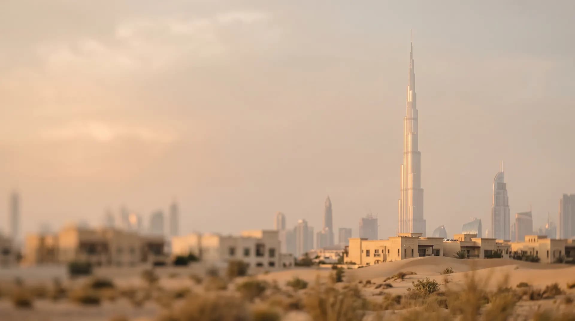 The Burj Khalifa above the Dubai skyline at golden hour