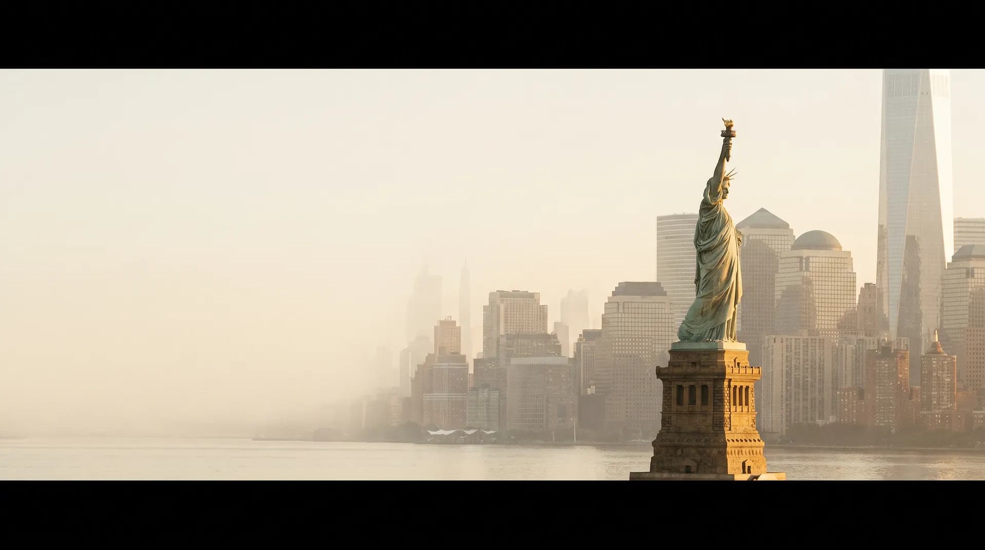 The Statue of Liberty above New York Harbour with the misty Manhattan skyline behind