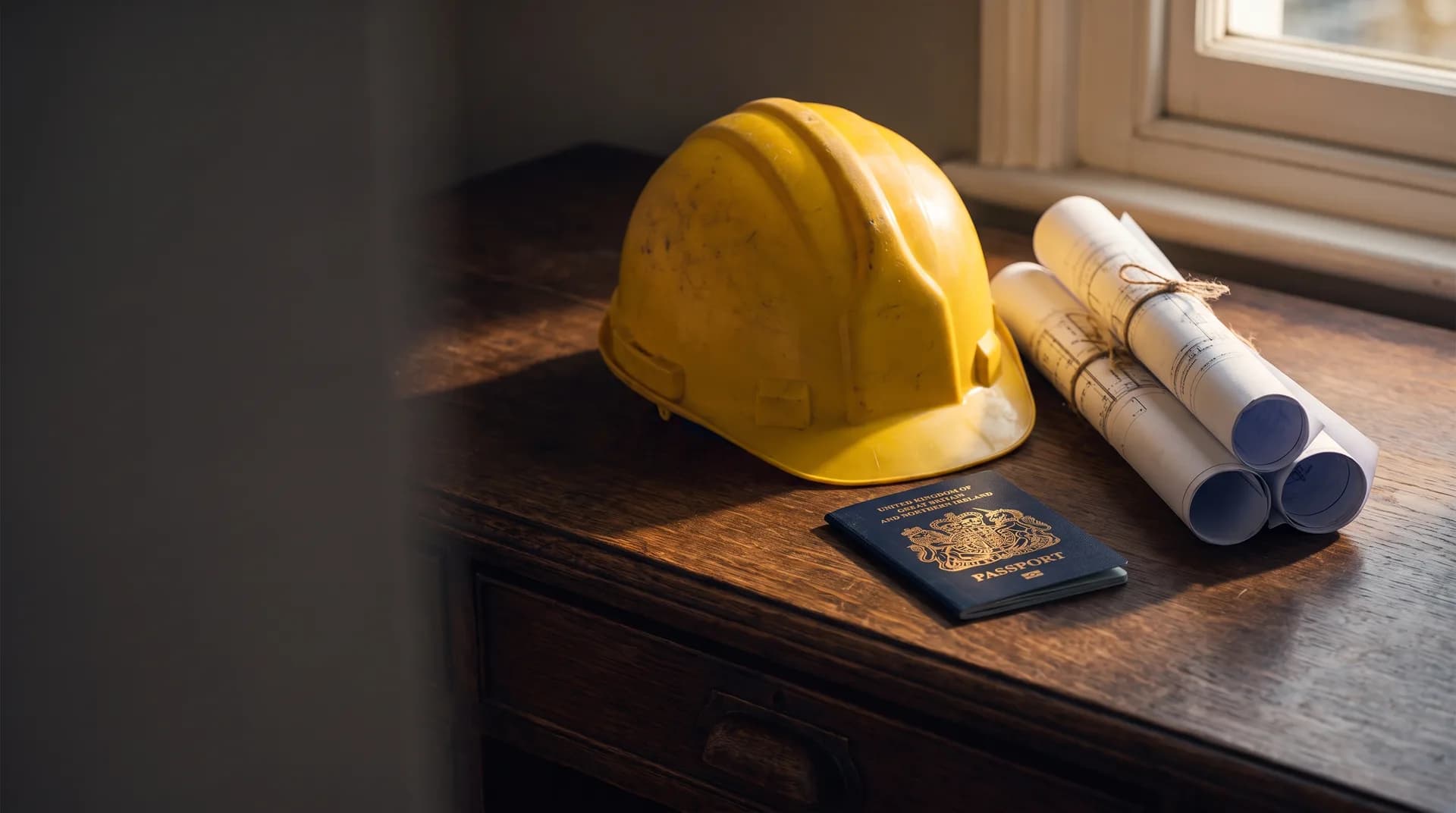 A hard hat and rolled blueprints beside a UK passport on a dark wooden desk at golden hour