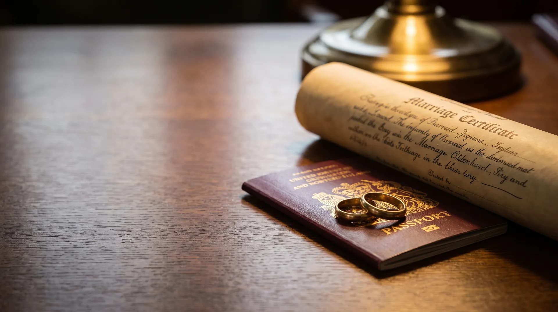 Two wedding rings resting on a marriage certificate beside a UK passport at golden hour