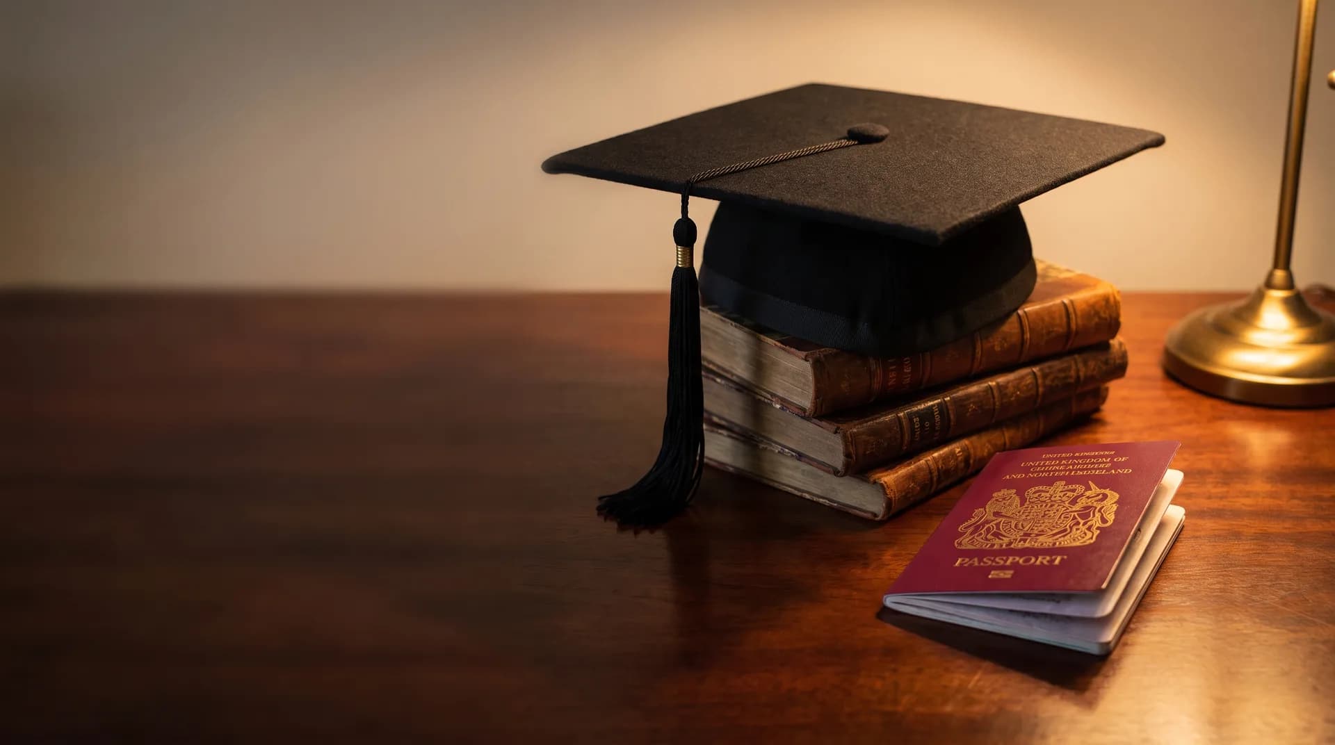 A graduation cap resting on a stack of books beside a UK passport at golden hour