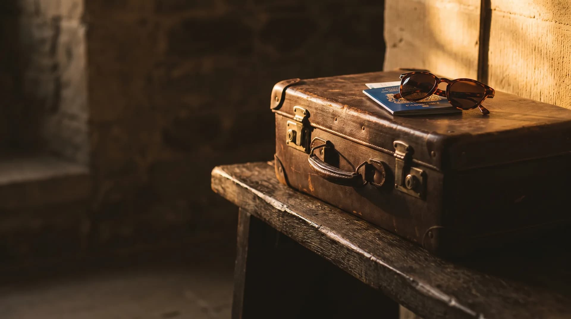 A leather suitcase and a UK passport on a wooden bench at golden hour
