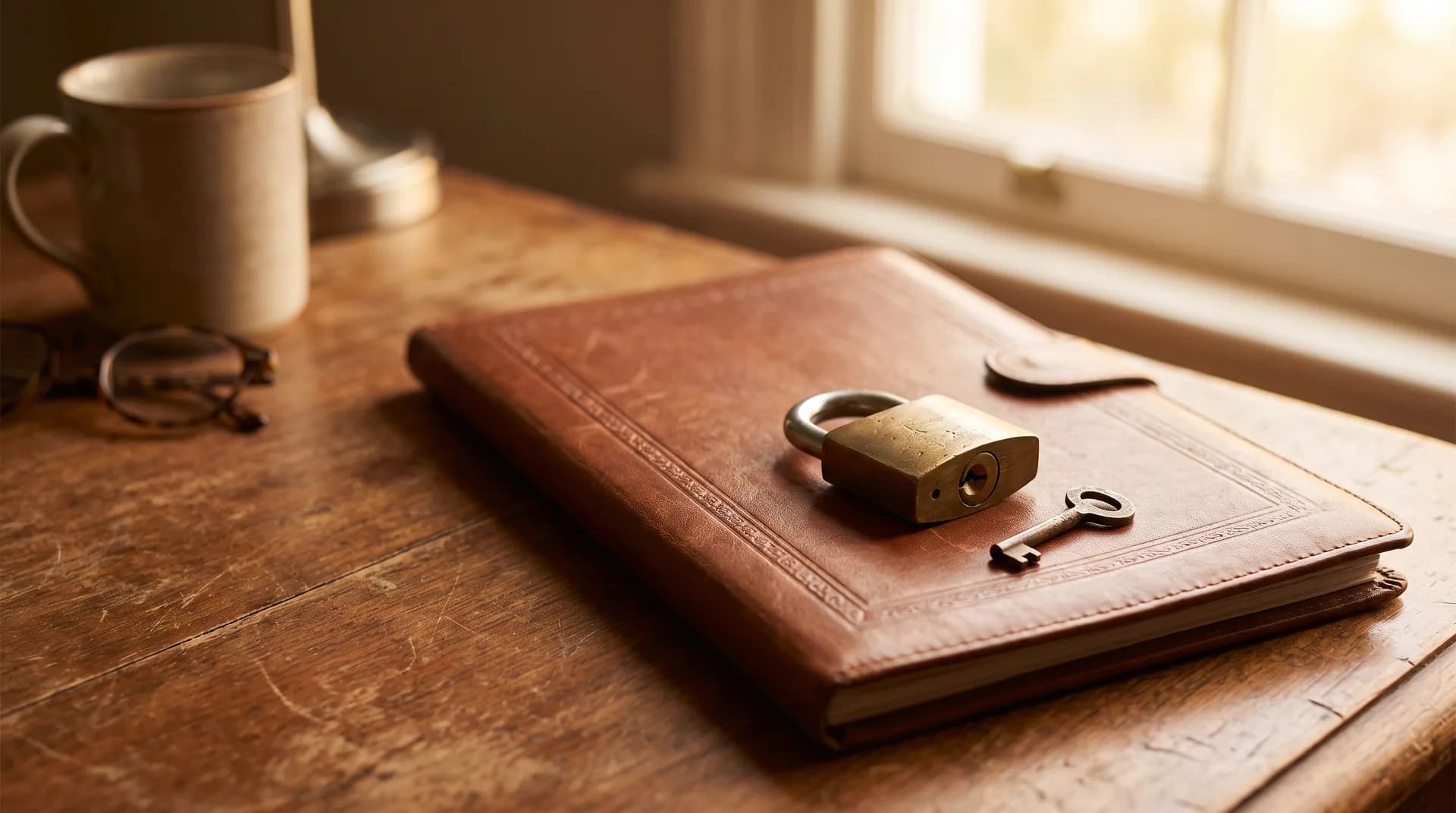 A brass padlock and key resting on a closed leather document folder at golden hour