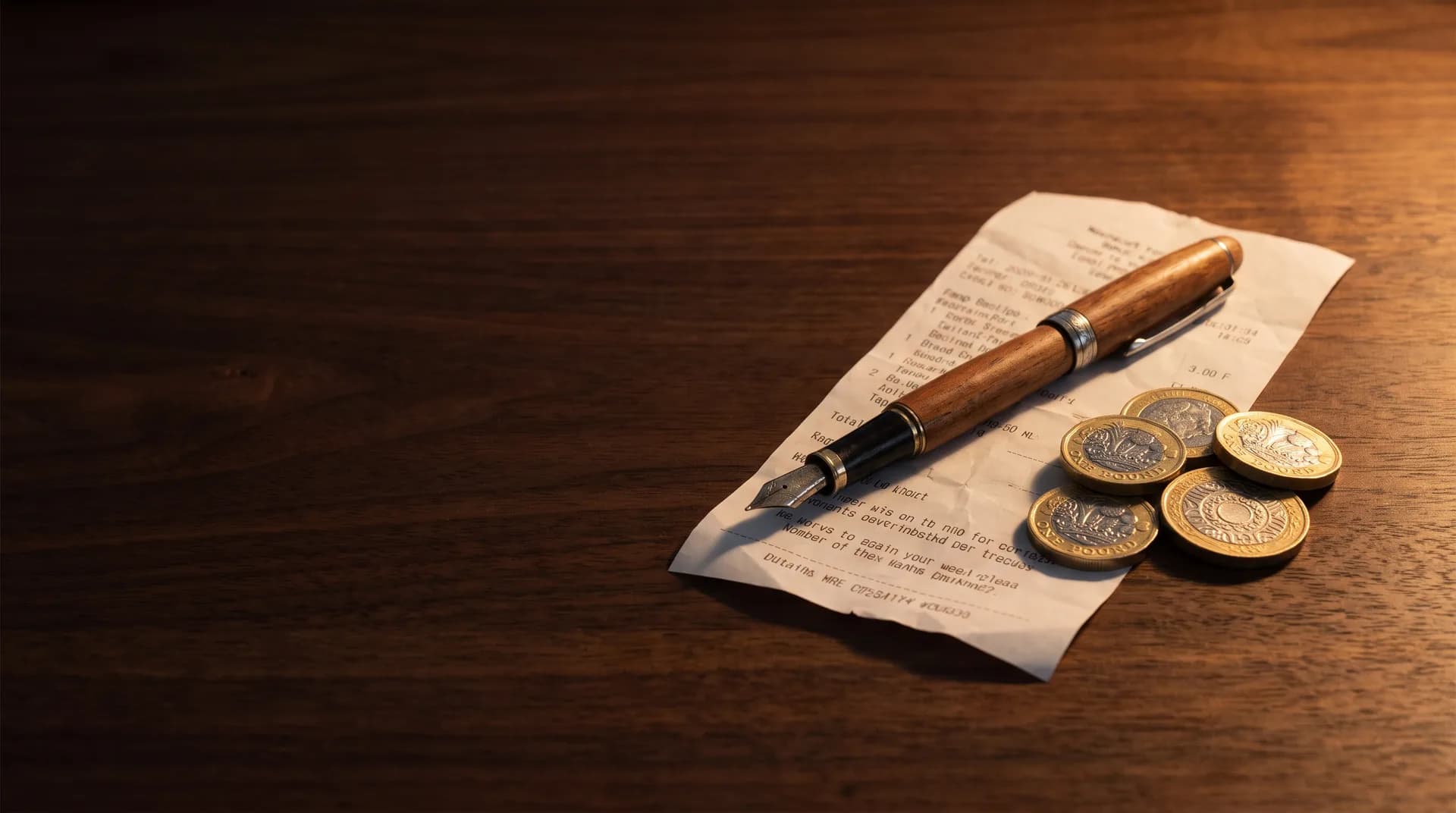 A pen resting on a paper receipt beside a small stack of pound coins on a wooden desk at golden hour