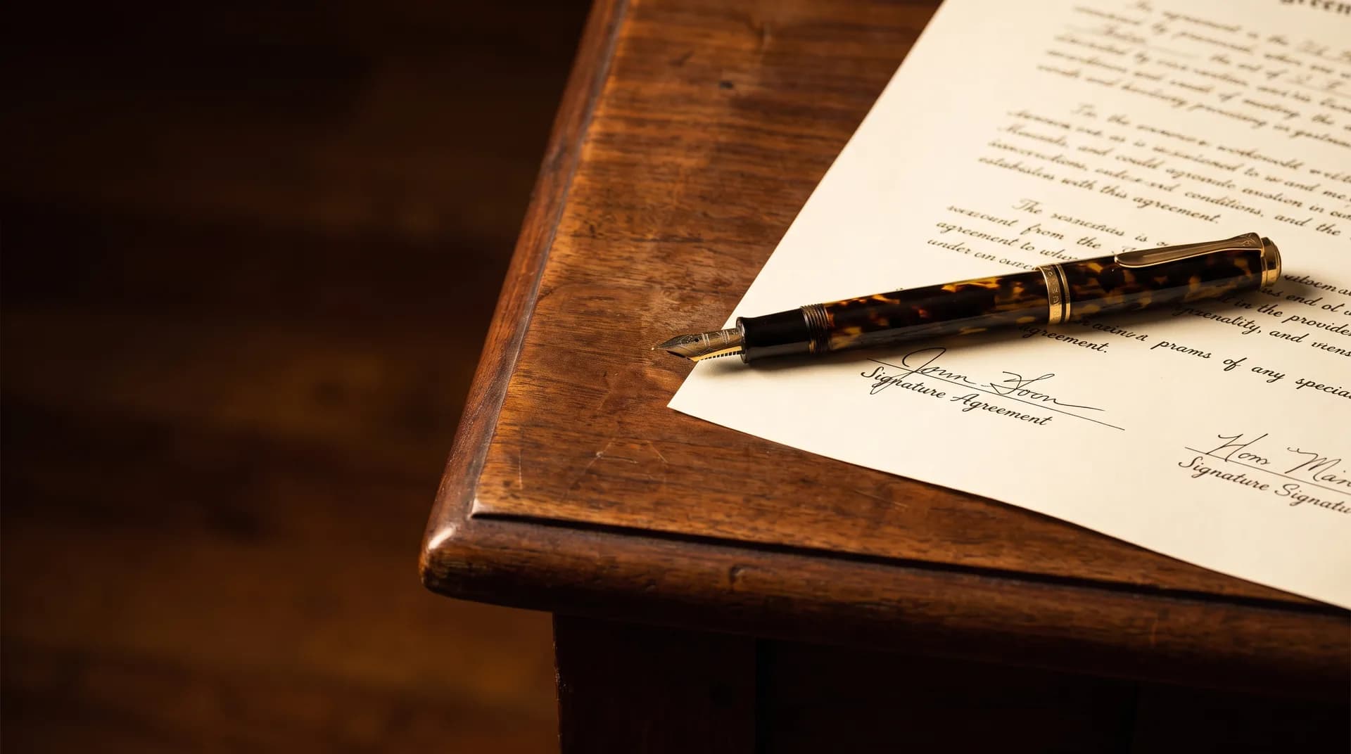 A fountain pen resting across a signed paper agreement on a leather desk at golden hour