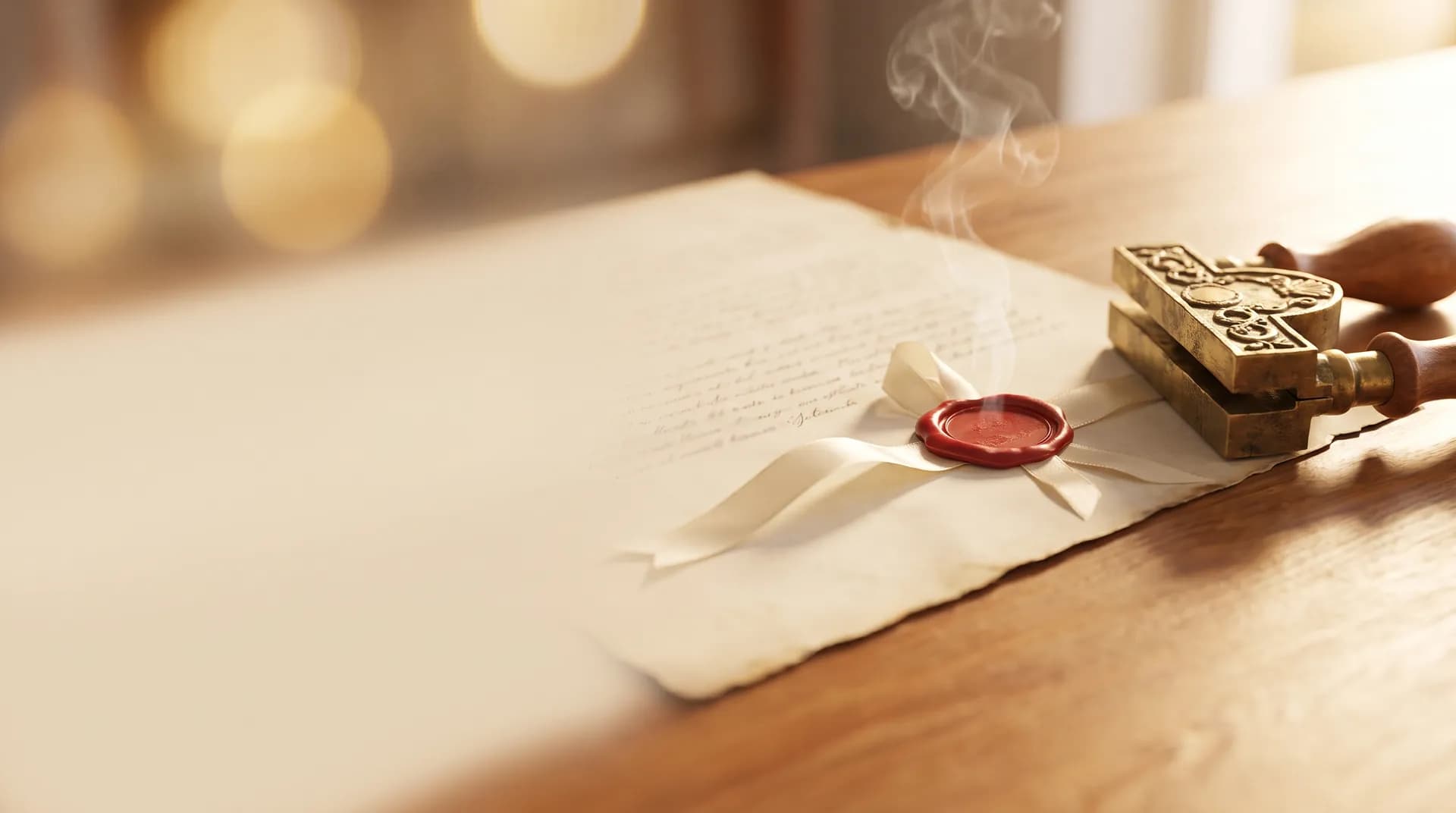 A document sealed with red wax and ribbon beside a brass seal press at golden hour