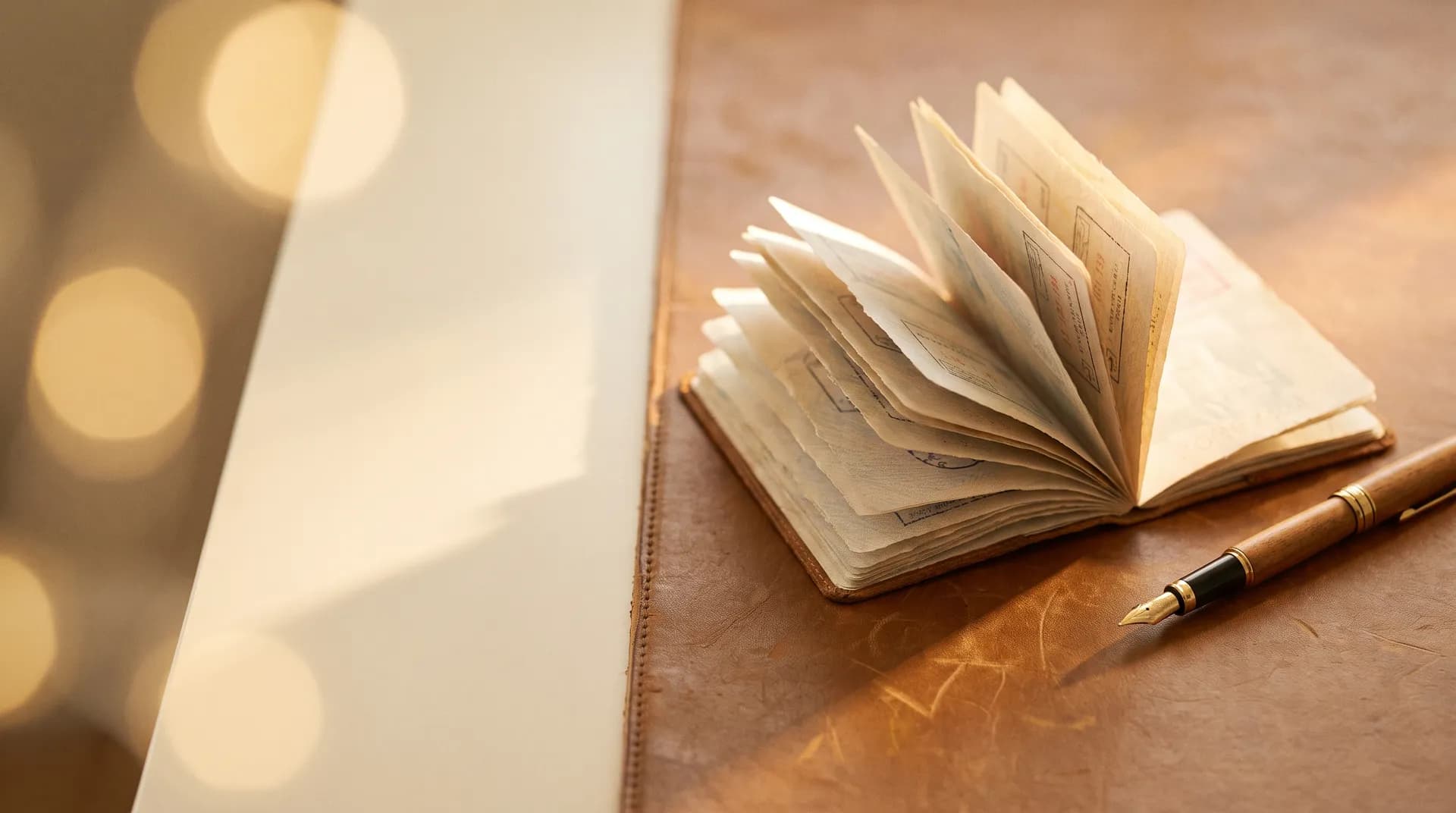 An open passport with visa-stamped pages and a fountain pen on a leather desk at golden hour