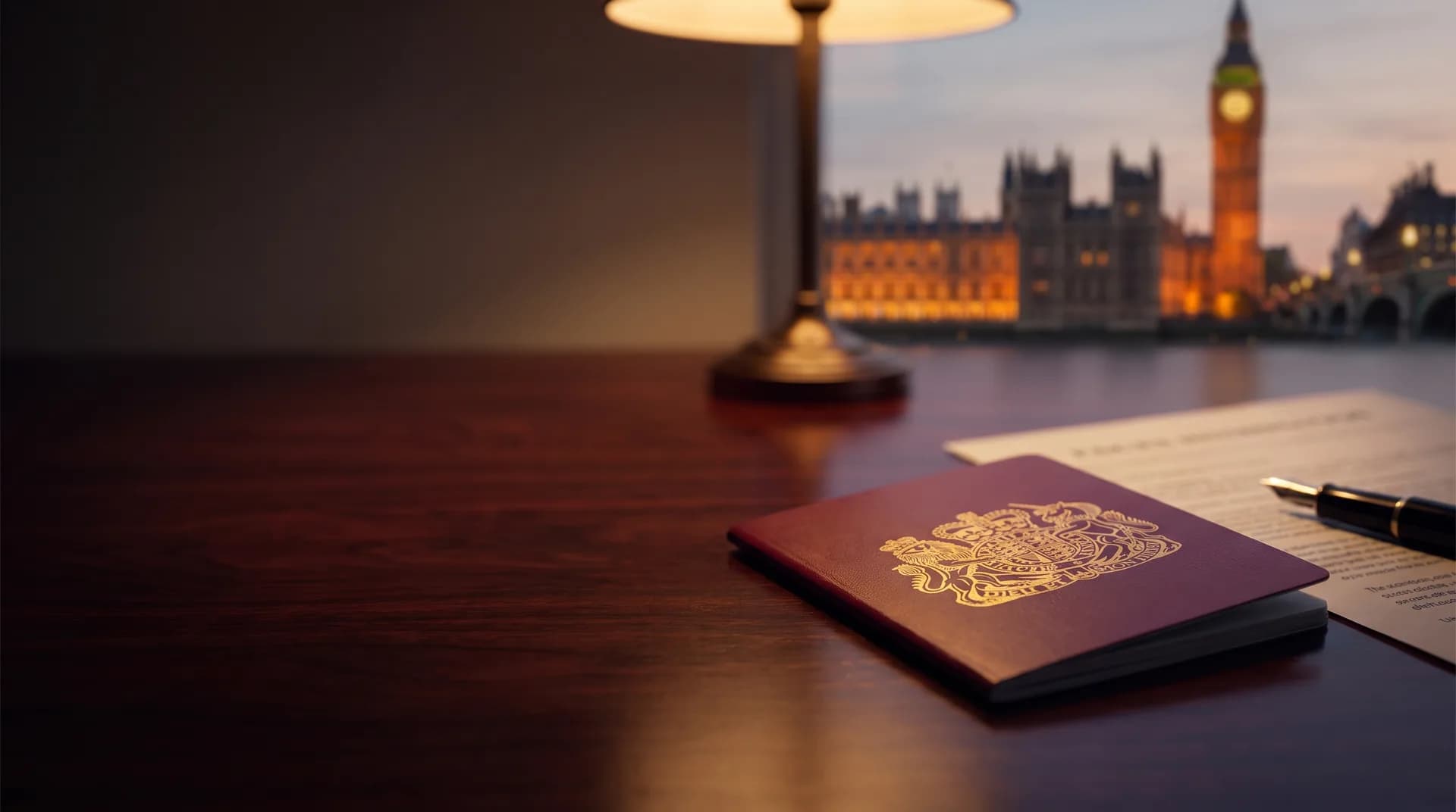 A burgundy British passport and visa application form on a dark desk, Big Ben and the Houses of Parliament glowing at dusk in the background